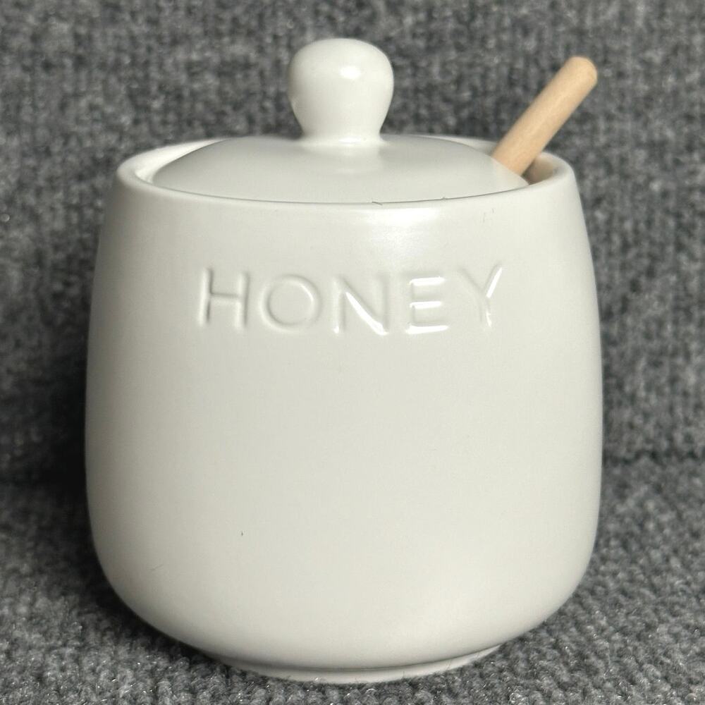 Honey jar with wooden dipper ceramic all white farmhouse cottagecore 4.5”